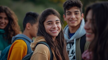 Obraz premium a group of young people smiling, outdoor setting, happy teenage friends. generative AI