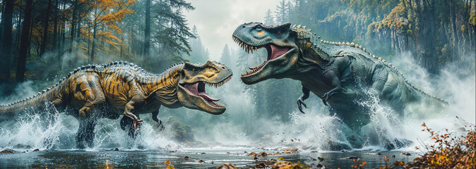 2 Dinosaurs fighting with each other in the forest - Powered by Adobe