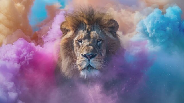 the lion's head on the clouds is colorful and very cool . seamless looping time-lapse virtual 4k video Animation Background.