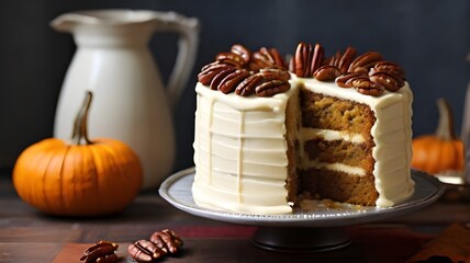  A spiced pumpkin cake with a creamy maple frosting and candied pecans - obrazy, fototapety, plakaty