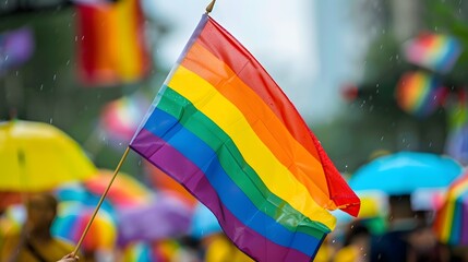 In a pride parade, a diverse group marches through city streets, celebrating love, acceptance, and equality. The rainbow flag waves proudly, symbolizing unity in the LGBTQ+ community
