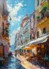 An oil painting street scene a picture with life, sunshine