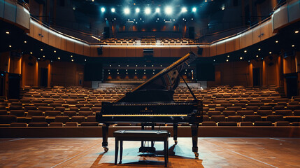 Piano in Concert Hall A piano placed on a stage in a concert hall surrounded by empty seats and...