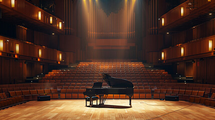 Piano in Concert Hall A piano placed on a stage in a concert hall surrounded by empty seats and...