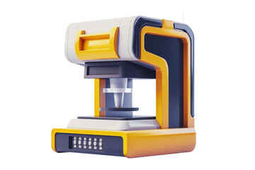 A 3D model of a coffee maker with a yellow and black color scheme. The coffee maker has a digital display and a handle