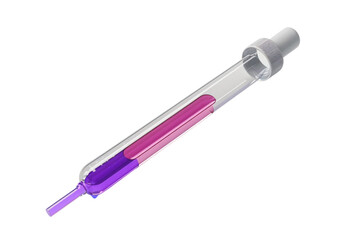 A syringe with a purple and pink tube is shown. The syringe is made of clear plastic and has a white cap