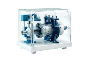 Fototapeta premium A machine is in a clear case. The machine is blue and white