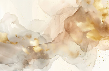 An abstract watercolor background in shades of beige and white is adorned with elegant gold glitter accents. The delicate brush strokes and paint splashes create a sense of movement and texture
