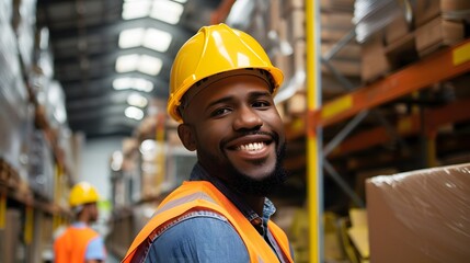 Fototapeta premium A man wearing a yellow hard hat and an orange vest in a warehouse. He is smiling. Another worker is visible in the background. 