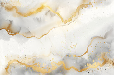 A captivating watercolor composition features abstract brush strokes in elegant shades of beige and gold, set against a pristine white background. The dynamic paint splashes add depth and movement 