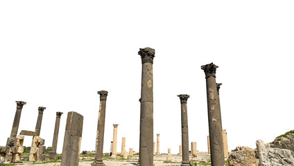 Roman ruins at Umm Qais (Umm Qays)--is a town in northern Jordan near the site of the ancient town of Gadara, Jordan. On white background