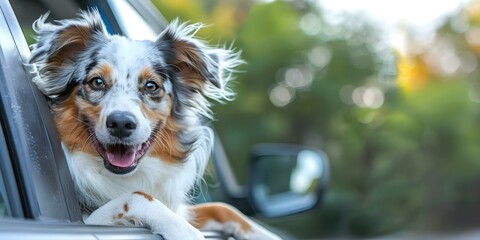 Excited dog enjoying road trip with head out of car window. Concept Road Trip, Dog Travel, Excitement, Adventure, Animal Experience