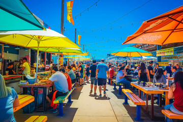 A bustling food court filled with vendors offering a variety of cuisines from around the world, with delicious aromas filling the air and people enjoying a vibrant multicultural meal.