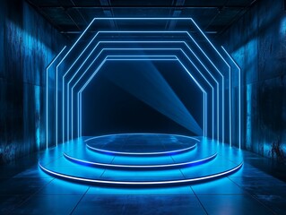 A vibrant blue-lit futuristic corridor with neon strip lighting and a hexagonal entrance.