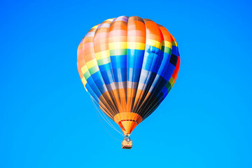 Fototapeta premium A classic hot air balloon with a colorful striped pattern, inflated and ready for takeoff, against a clear blue sky (achieve with background option).