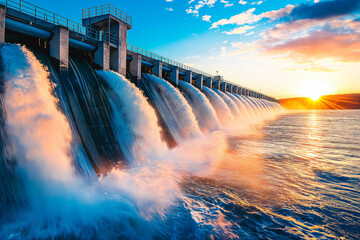 A close-up of a hydroelectric dam releasing water, creating a cascading waterfall against a backdrop of a sunrise sky.