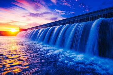 A close-up of a hydroelectric dam releasing water, creating a cascading waterfall that tumbles down against a backdrop of a vibrant sunrise sky, capturing the power and beauty of renewable energy.