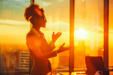 A confident businesswoman leading a team meeting in an office at sunrise.