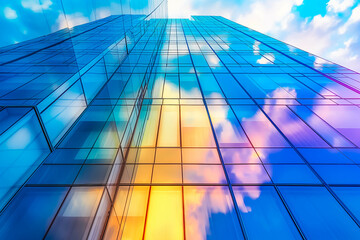 Fototapeta premium A contemporary office building with glass facades reflecting the vibrant colors of the morning sky.