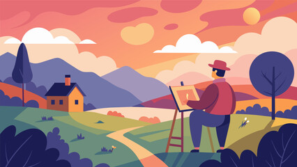 As the sun sets over a picturesque countryside an artist transforms the warm hues of the sky and rolling fields into a stunning watercolor landscape..