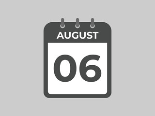 August 6 calendar reminder. 6 August daily calendar icon template. Calendar 6 August icon Design template. Vector illustration
