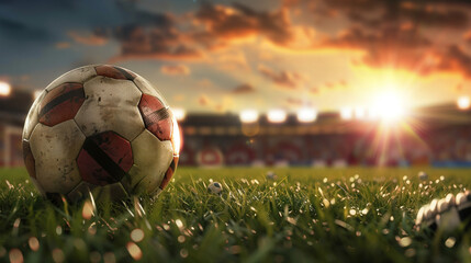 Soccer ball on a soccer field, a soccer ball lying on the ground in front