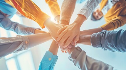 Obraz premium Working together concept with hands united together in the air