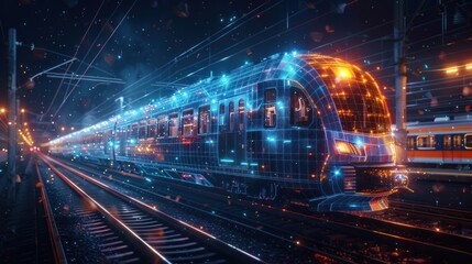 Abstract polygonal 3d wireframe of modern train at railway station. Digital vector mesh looks like starry sky. Rapid transit system, transportation, railway concept