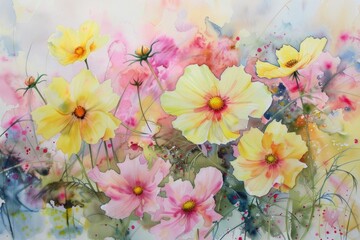 Blossom Watercolor. Yellow Cosmos Flowers Mix with Painted Watercolor on Paper in Pink and Yellow Tones