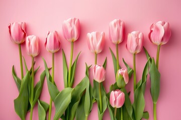 Pink Background Banner. Beautiful Bouquet of Pink Tulip Flowers on Pastel Pink Background. Ideal for Valentine's Day, Easter, Birthday or Women's Day
