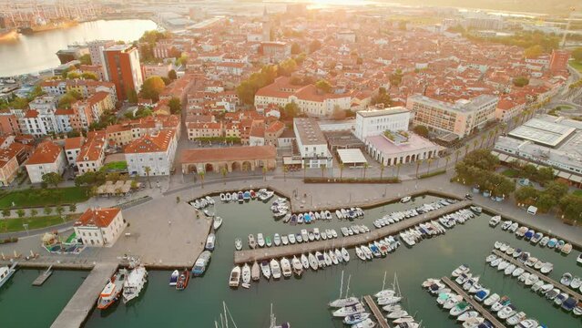Skyline of the Koper town at sunrise, Adriatic sea coast of Slovenia