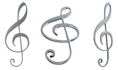 3D renders of treble clef model. Metallic materials, decoration. Views from different angles.