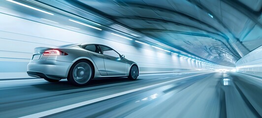 Fototapeta premium A silver car is driving on a highway at high speed, leaving a blurry trail behind it. The background is a tunnel with white walls and a gray floor