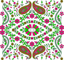 colorful Indian kalamkari floral outline pattern design.