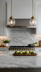 Sleek kitchen setting with a pristine white marble countertop, ideal for display or meal prep, in a stylish room.