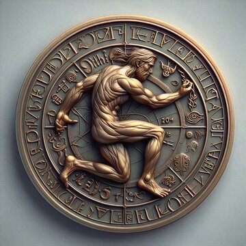 Muscular Figure in Zodiac Circle: Bronze Relief Sculpture with Astrology Symbols and Greek Letters