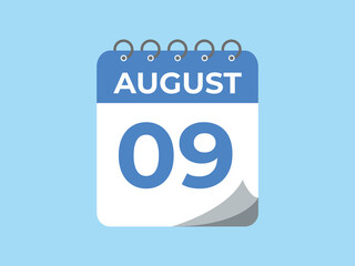 August 9 calendar reminder. 9 August daily calendar icon template. Calendar 9 August icon Design template. Vector illustration
