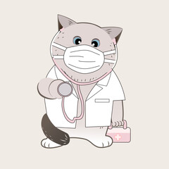 cute cat doctor character vector illustration with mask, medical gown, stethoscope and medical bag.