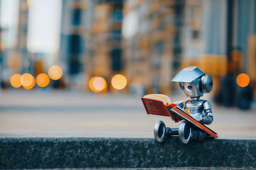 An AI robot reading a book, city street light bokrh background. AI generated.