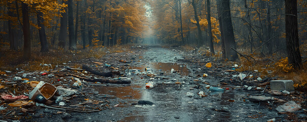 Illegal trash in nature, wood