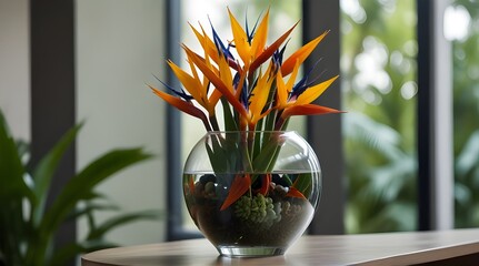 A contemporary glass vase filled with exotic bird.generative.ai