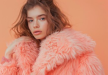 A stunning model wears fluffy peach fuzz attire, reflecting 2025's color trend against a matching backdrop