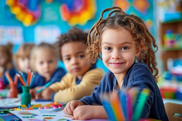 Fototapeta premium In an elementary school classroom, a group of cheerful kids, enjoy an art lesson together, fostering friendship.