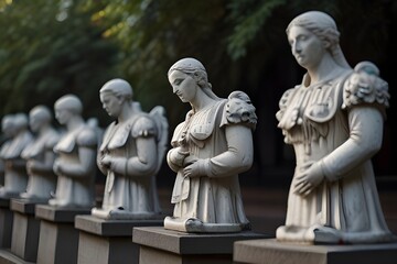 A row of statues depicting people standing with doves.generative.ai