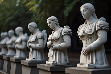 Obraz premium A row of statues depicting people standing with doves.generative.ai