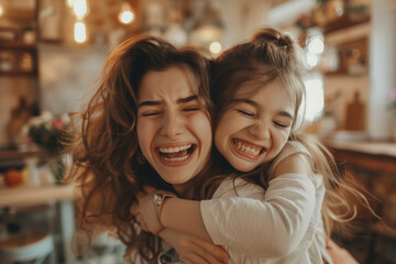 Overjoyed, happy mother and daughter or sisters hugging indoors. High quality photo