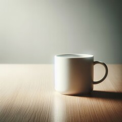 Minimalist White Ceramic Mug on Wooden Table Illuminated by Soft Morning Light