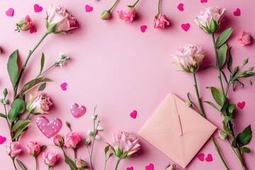 Pink Background Valentine. Romantic Valentine's Day Composition with Flowers, Hearts, and Envelope on Pastel Pink Background