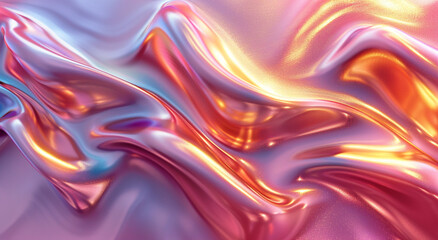 Obraz premium Pink Background: 3D render of colorful fluid metallic liquid waves on a pink background, abstract wavy cloth with golden light reflections, fluid wave design, fluid shapes, fluid art