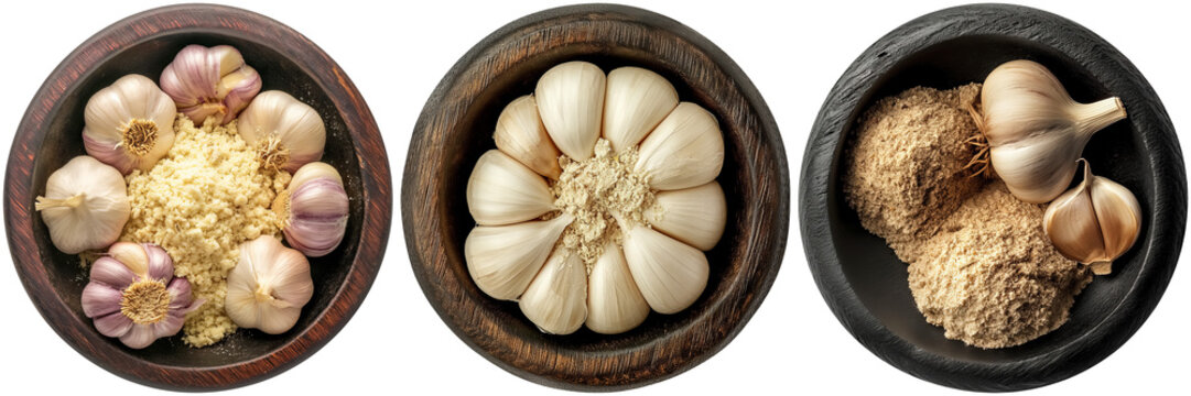 set of garlic with garlic powder in brown wooden bowl, cut out